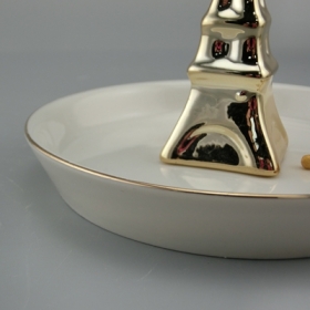 sostenedor del anillo del plato de la joyería de la torre Eiffel de cerámica blanca plateada oro