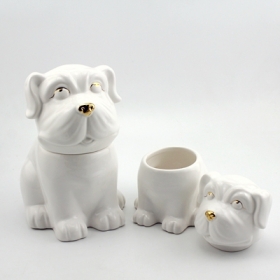 tarros de galletas de perro de cerámica blanca con pintura dorada