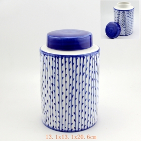 caja de cerámica blanca conjunto rayas pintadas a mano azul
