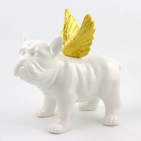 escultura de cerámica estatuilla de bulldog blanco con alas de oro