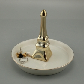 sostenedor del anillo del plato de la joyería de la torre Eiffel de cerámica blanca plateada oro
