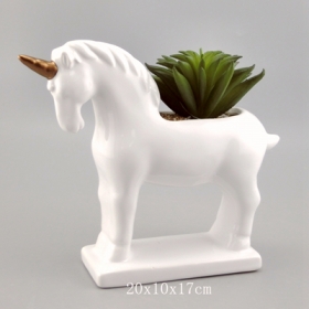 jardinera suculenta de unicornio de cerámica con cuerno de oro