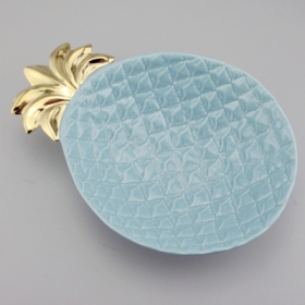 tazón de cerámica de piña grande azul y hoja de oro