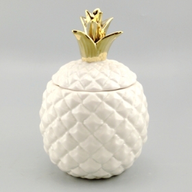 jarra de piña decorativa blanca cerámica con tapa dorada